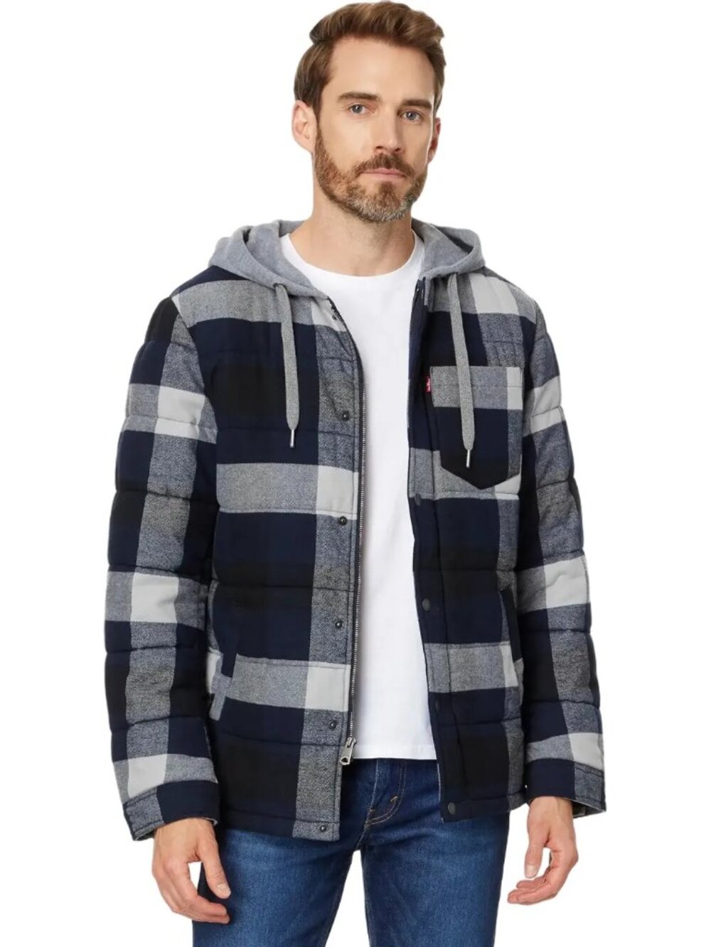 LEVI'S Cotton Plaid Quilted Puffer Jacket Navy White Hooded MEN'S M